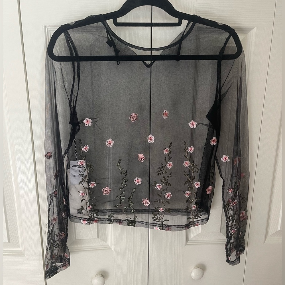 Charlotte Russe Black Sheer Mesh Long-Sleeve Top with Pink Floral Embroidery
